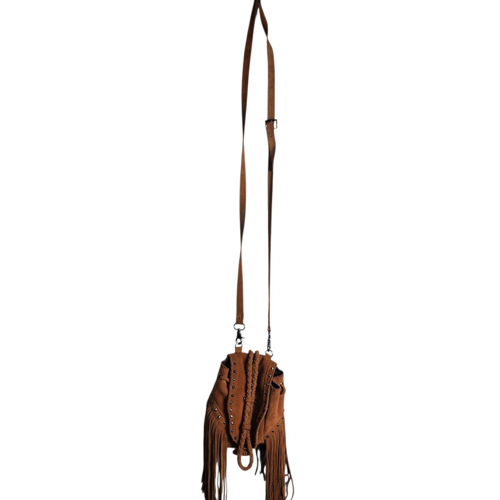 Street Level Brown Leather Fringe Studded Crossbody Bag Boho Western Bucket Bag